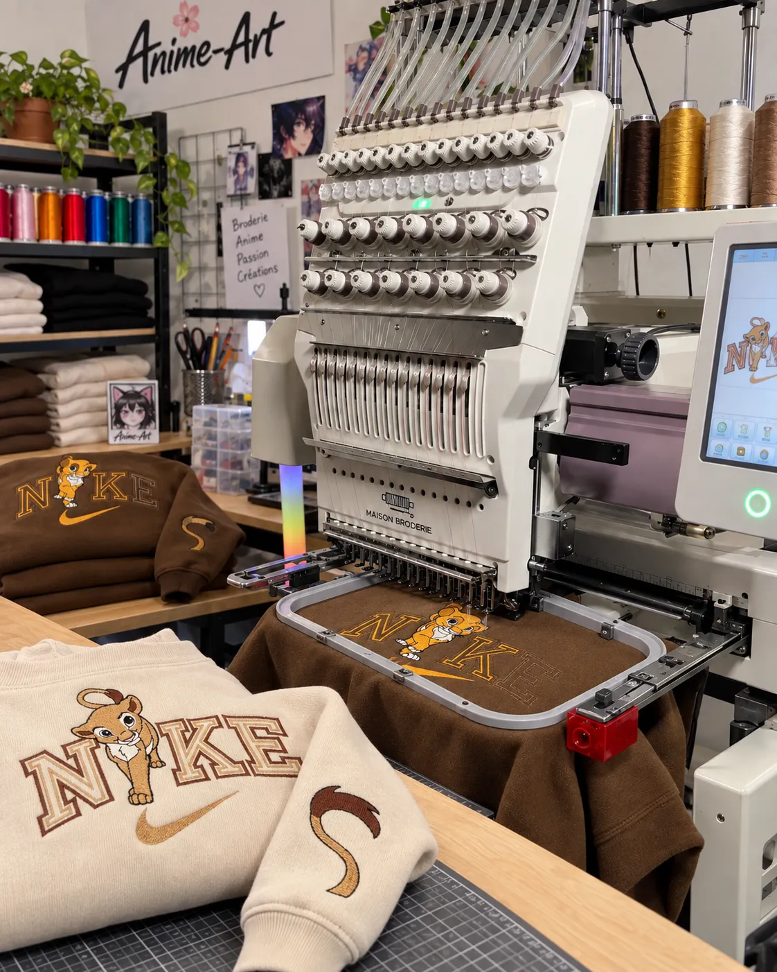 Machine de broderie en action dans l’atelier Anime Art