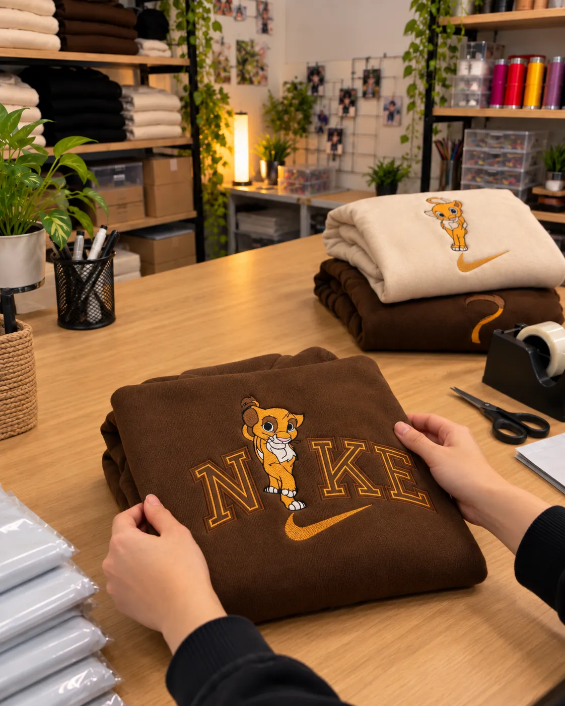 Préparation d’un sweat brodé avant expédition