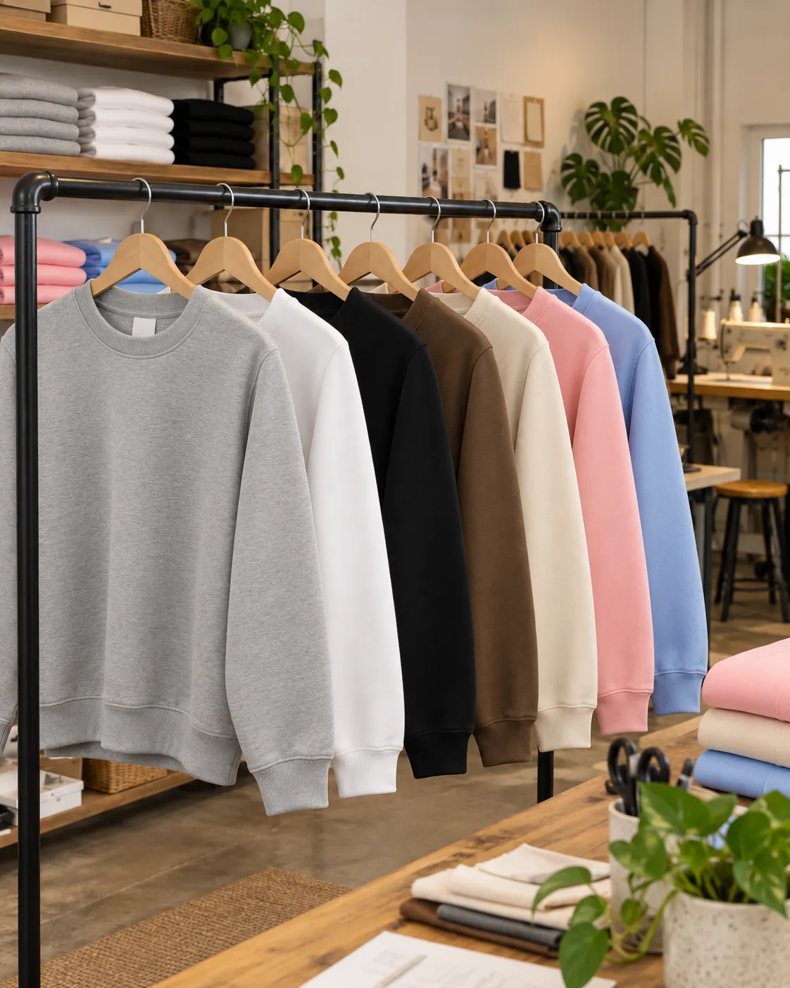 Sweats de toutes les couleurs prêts à être brodés dans l’atelier Anime Art
